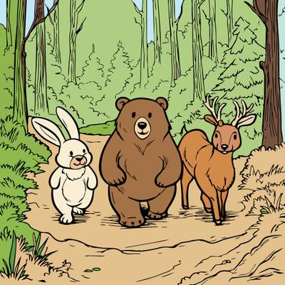 Ausgemalte Version: Waldtiere gehen zusammen
