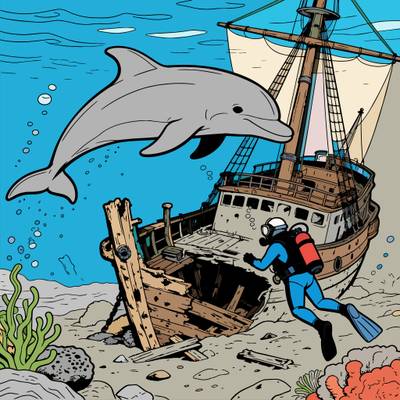 Ingekleurde versie: Dolfijn boven een scheepswrak met duiker