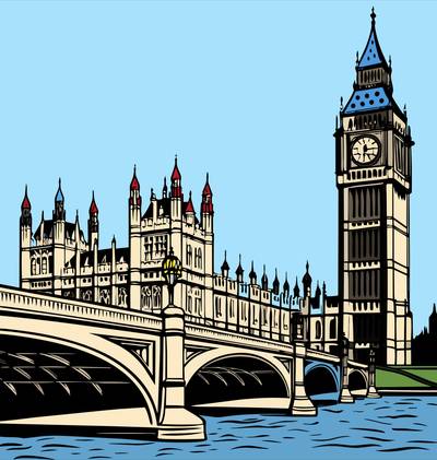 Väritetty versio: Big Ben ja Westminster Bridge
