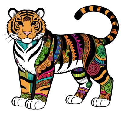 Ausgemalte Version: Zentangle-Tiger in Vorderansicht