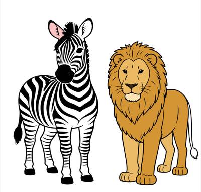 Wersja pokolorowana: Zebra i lew stoją razem