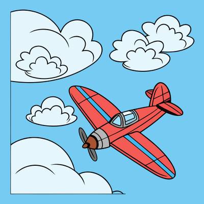 Colored version: Cartoon airplane among fluffy clouds