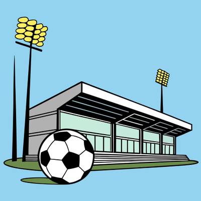 Wersja pokolorowana: Panoramiczny stadion piłkarski z piłką