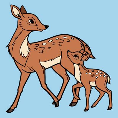 Colored version: Deer mother with nursing fawn
