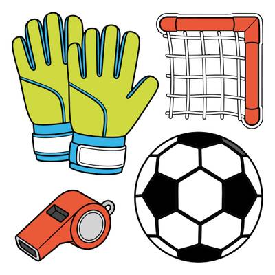 Versão colorida: Luvas de goleiro, rede, bola e apito