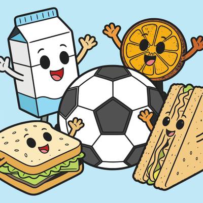 Ausgemalte Version: Fußball mit fröhlichen Snackfiguren
