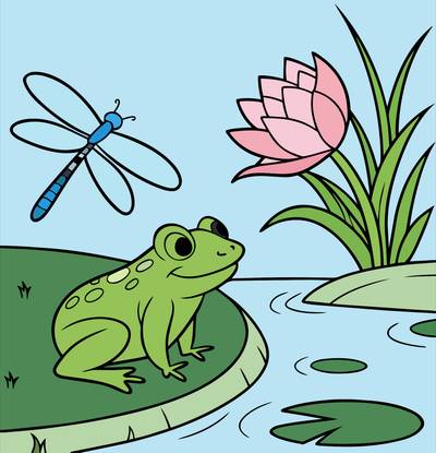 Väritetty versio: Sammakko ja sudenkorento lammella