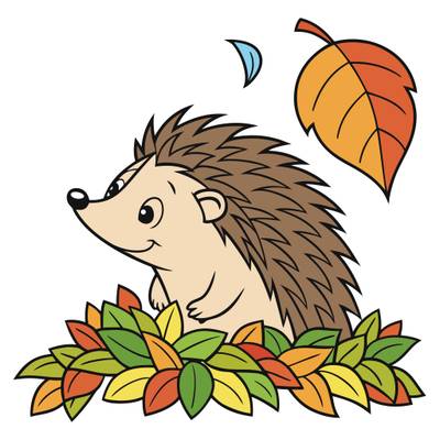 Ausgemalte Version: Comic-Igel auf einem Laubhaufen