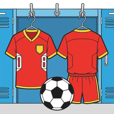 Färglagd version: Fotbollströjor i ett omklädningsskåp