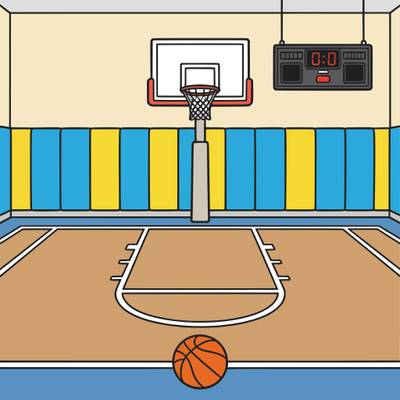 Versão colorida: Quadra de basquete com cesta