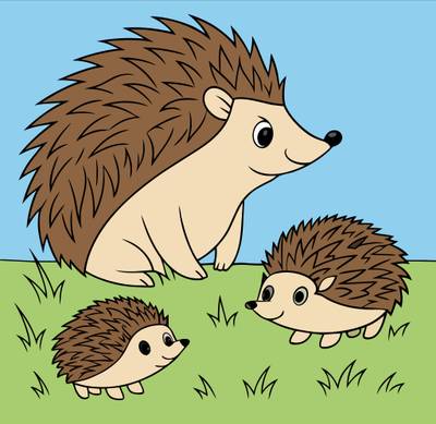 Ausgemalte Version: Igel-Familie im Gras