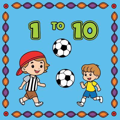 Ausgemalte Version: Fußball-Zahlenbild mit Kindern und Bällen