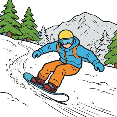 Versão colorida: Snowboarder descendo a encosta nevada