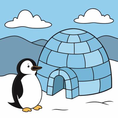 Versão colorida: Pinguim simples ao lado de um iglu