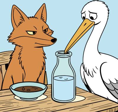 Farvelagt version: Ræv og stork ved bordet