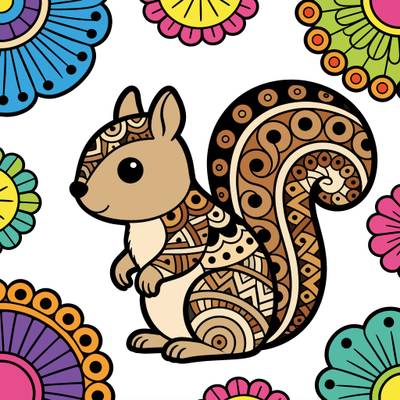 Versione colorata: Scoiattolo zentangle con bordo floreale