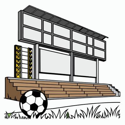 Wersja pokolorowana: Tablica wyników i brama stadionu
