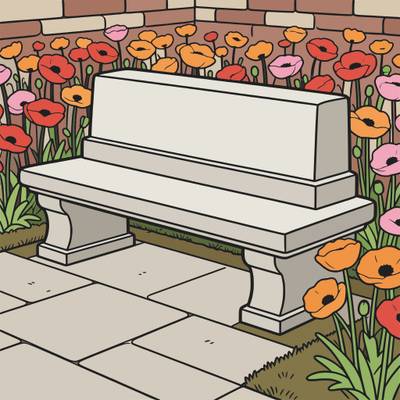 Colored version: Stone bench among memorial poppies