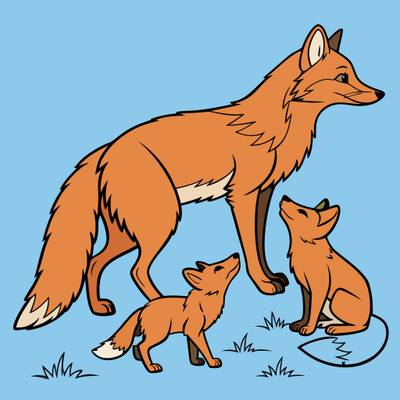 Farvelagt version: Rævefamilie med to unger