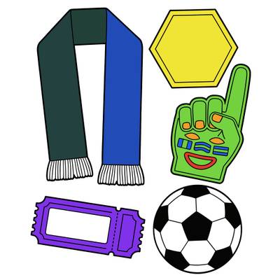 Färglagd version: Supporterprylar med scarf och fotboll