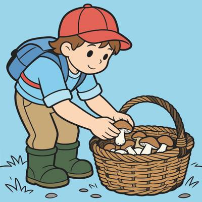 Version coloriée : Cueilleur ramassant des champignons