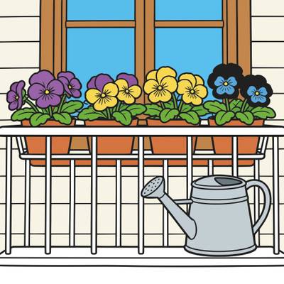 Colored version: Pansies on a balcony with watering can