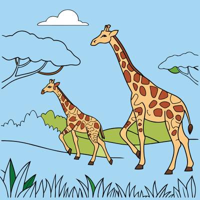 Version coloriée : Girafes avec girafon dans la savane