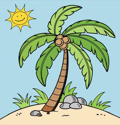 Fargelagt versjon: Palmetre med kokosnøtter og sol