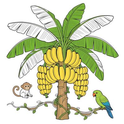Farvelagt version: Detaljeret bananplante med jungledyr