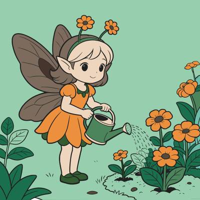 Colored version: Cute flower fairy watering flowers