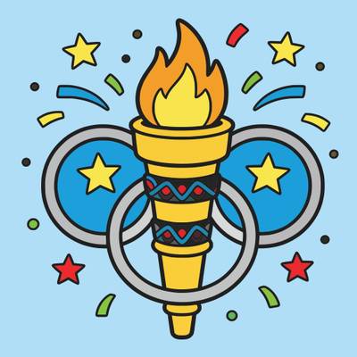 Versão colorida: Tocha olímpica e anéis com estrelas