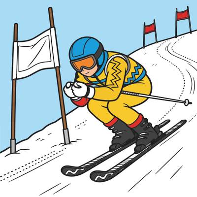 Versão colorida: Esquiador alpino em pista de slalom