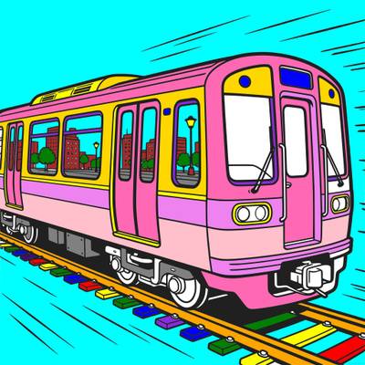 Farvelagt version: Metrotog med byudsigt i vinduerne