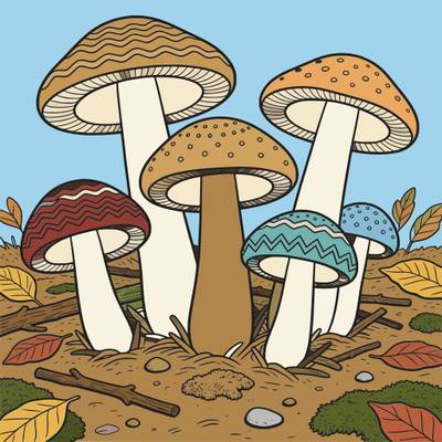 Version coloriée : Champignons détaillés sur le sol forestier