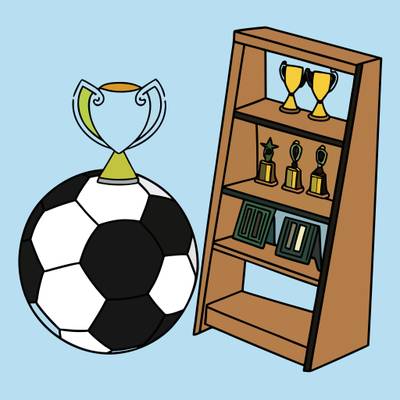 Wersja pokolorowana: Piłkarskie trofeum i półka z nagrodami
