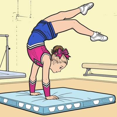 Versão colorida: Ginasta fazendo acrobacia no colchão