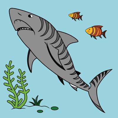 Ausgemalte Version: Einfacher Tigerhai unter Wasser