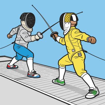 Versão colorida: Duelo de esgrima na pista