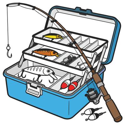 Versão colorida: Caixa de pesca aberta com iscas
