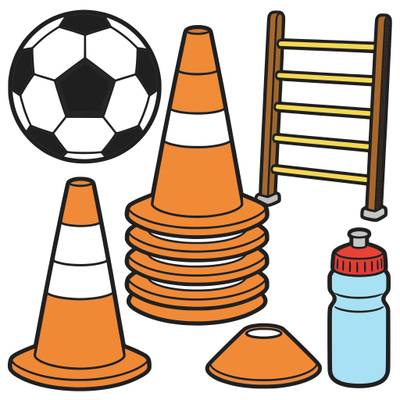 Färglagd version: Fotbollsträning med koner och utrustning