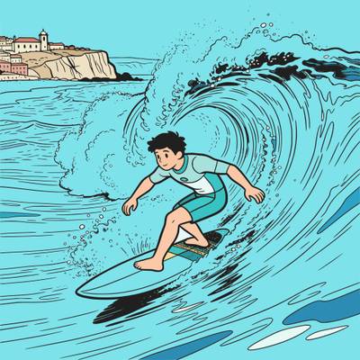 Versão colorida: Surfista em onda gigante perto das falésias