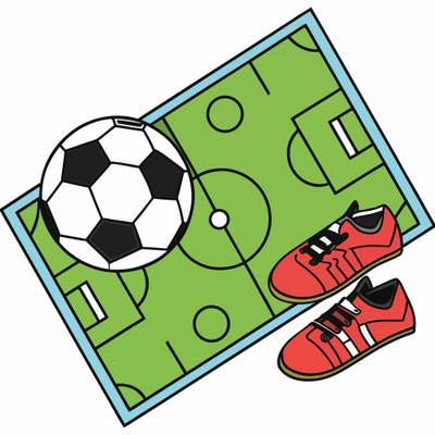 Färglagd version: Fotboll och fotbollsskor på plan