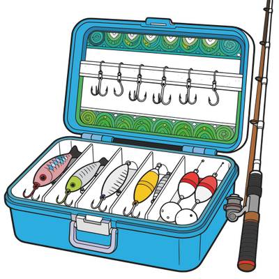 Versão colorida: Caixa de pesca detalhada com iscas