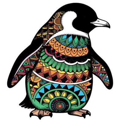 Ausgemalte Version: Komplexer Pinguin im Zentangle-Stil