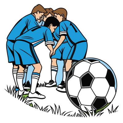 Färglagd version: Fotbollslag i ring med stor fotboll