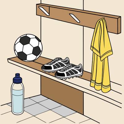 Färglagd version: Fotbollsskor på hylla i omklädningsrum