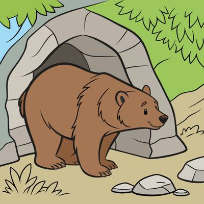 Ausgemalte Version: Bär vor einer Höhle im Wald