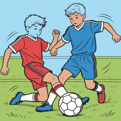 Färglagd version: Två fotbollsspelare i glidtackling