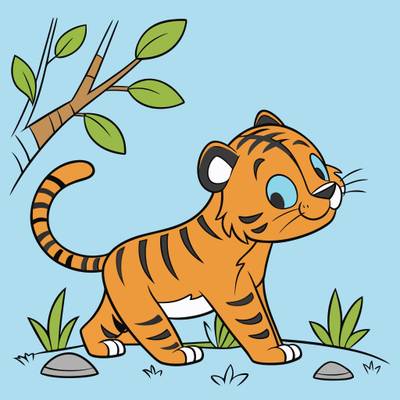 Fargelagt versjon: Kawaii tigerunge ved et tre