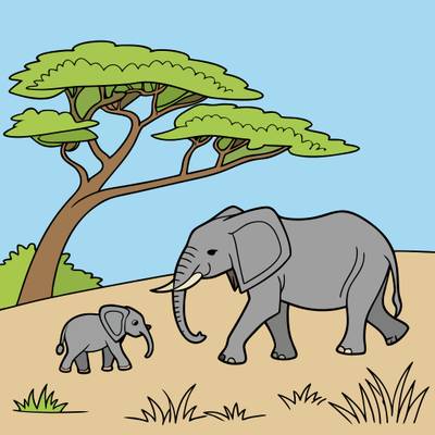 Ausgemalte Version: Elefant mit Jungtier unter einer Akazie